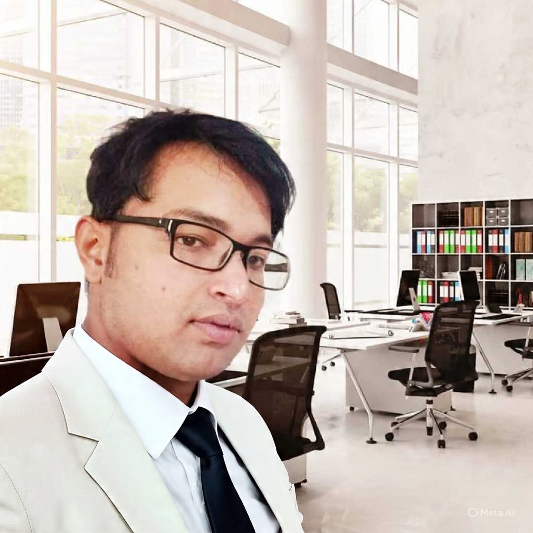 A man in formal attire with glasses in an empty modern office with large windows, desks, and black chairs.