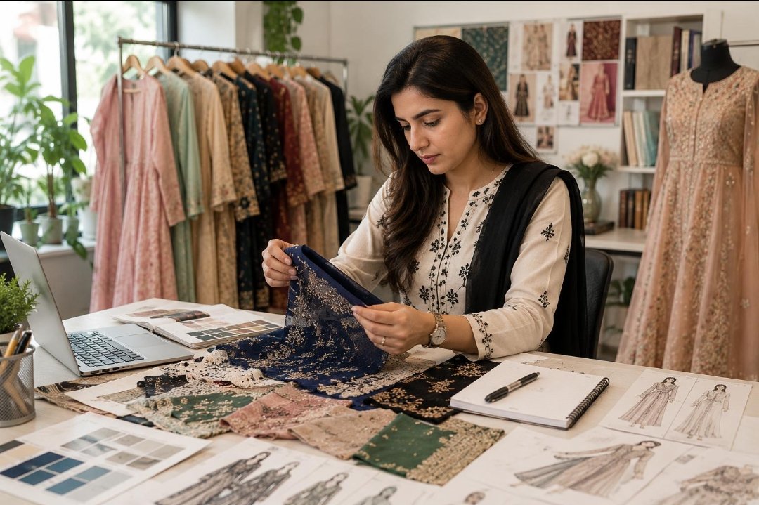 A woman sitting at a cluttered desk examining fabric swatches in a fashion design studio, with dresses on mannequins and sketches on the walls.