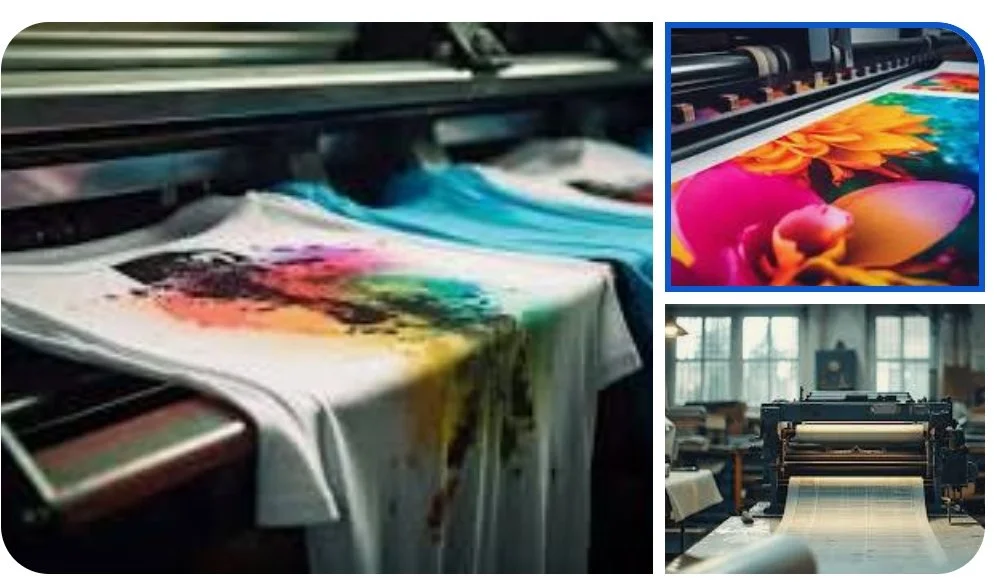 Three digital printing machines printing colorful fabric designs, including a floral pattern.
