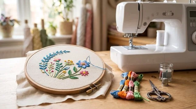 Embroidery hoop with colorful floral embroidery, sewing machine, thread spools, scissors, and a small container of pins on a wooden table in a bright, cozy room.
