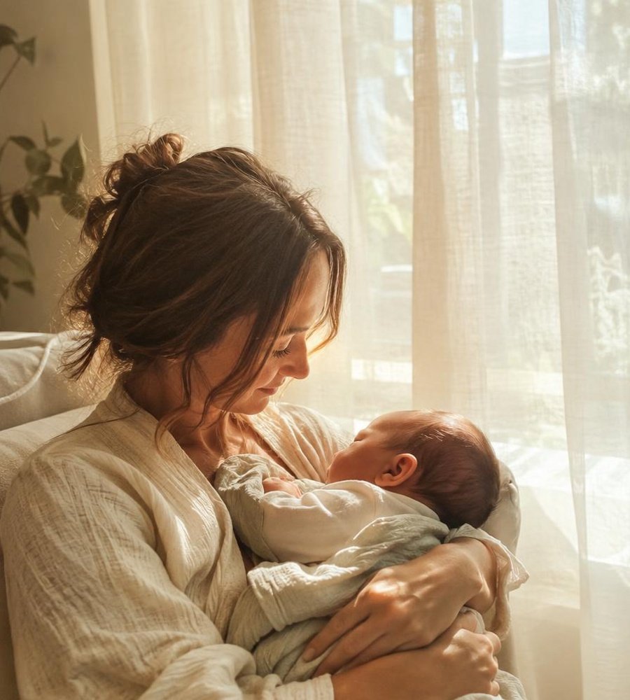 A woman holding a baby in a sunlit room with curtains.