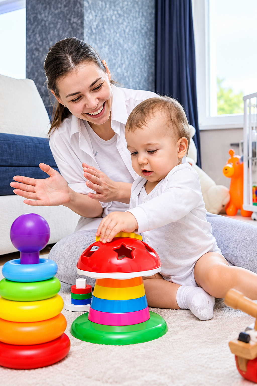 A young woman playing with a toddler boy with colorful stacking toys on a beige carpet in a bright living room.