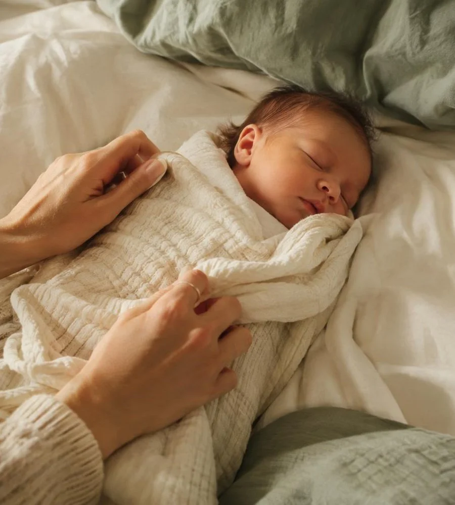 A person gently holding a sleeping baby's hand while the baby is wrapped in a cozy blanket on a bed.