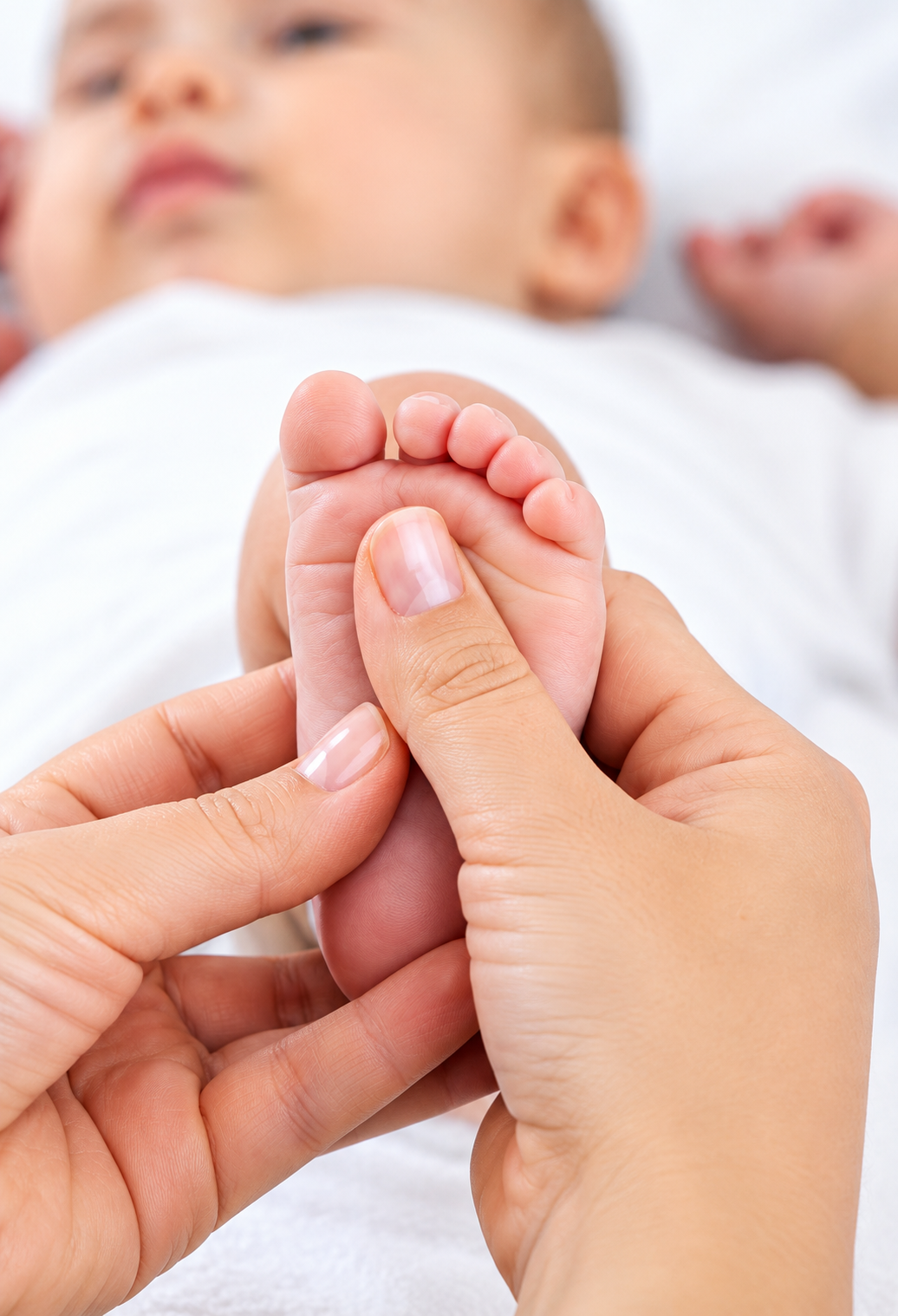 Close-up of an adult holding a baby's tiny foot with one hand, while the baby is lying on a white surface in the background.