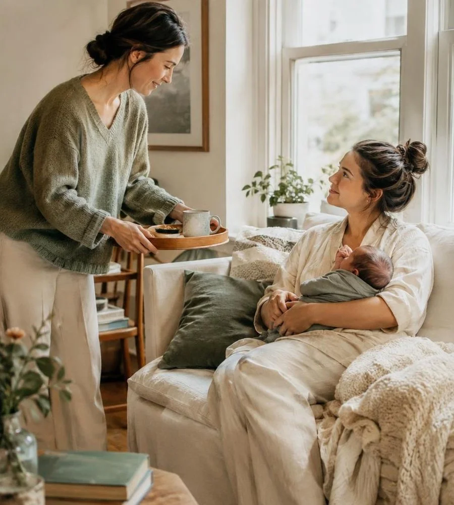 A woman is sitting on a couch holding a baby wrapped in a blanket, smiling while looking at another woman who is serving breakfast on a tray. The scene is in a bright, cozy living room with a window, plants, and soft furnishings.