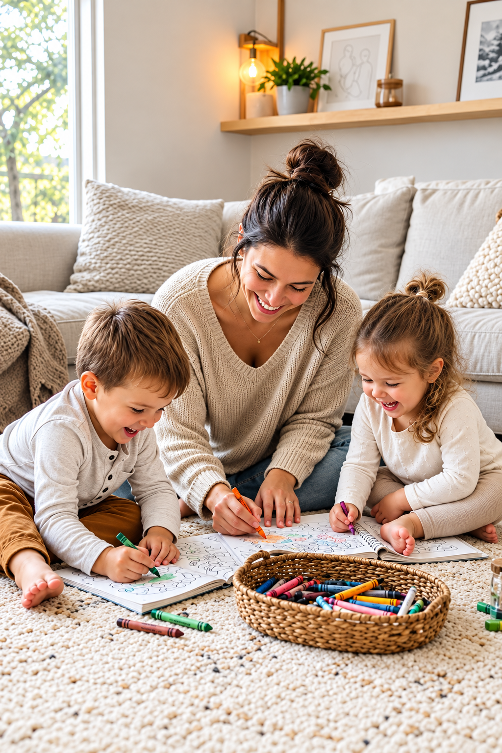 A woman and two children drawing with colorful markers on coloring books in a cozy living room.