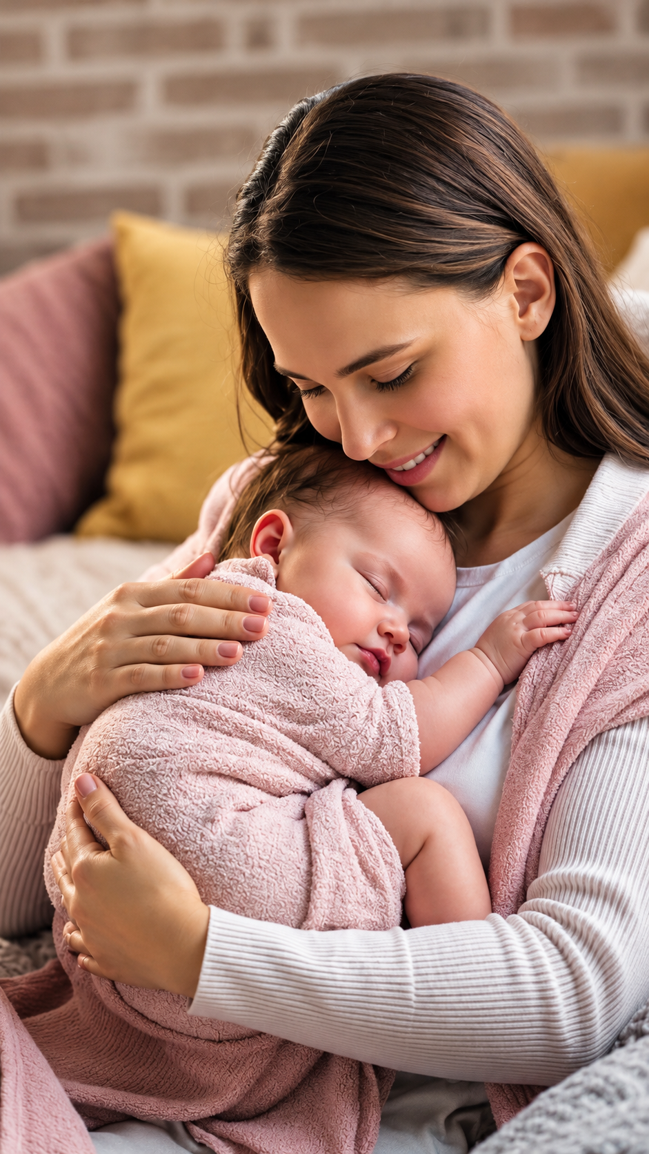 A woman holding a sleeping baby close to her chest, smiling gently with the baby nestled peacefully in her arms.