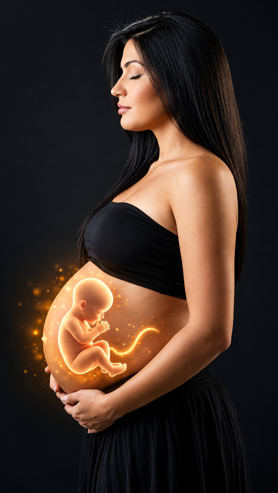 A woman with long black hair and a black tube top holding her pregnant belly, which has a glowing digital illustration of a fetus inside.