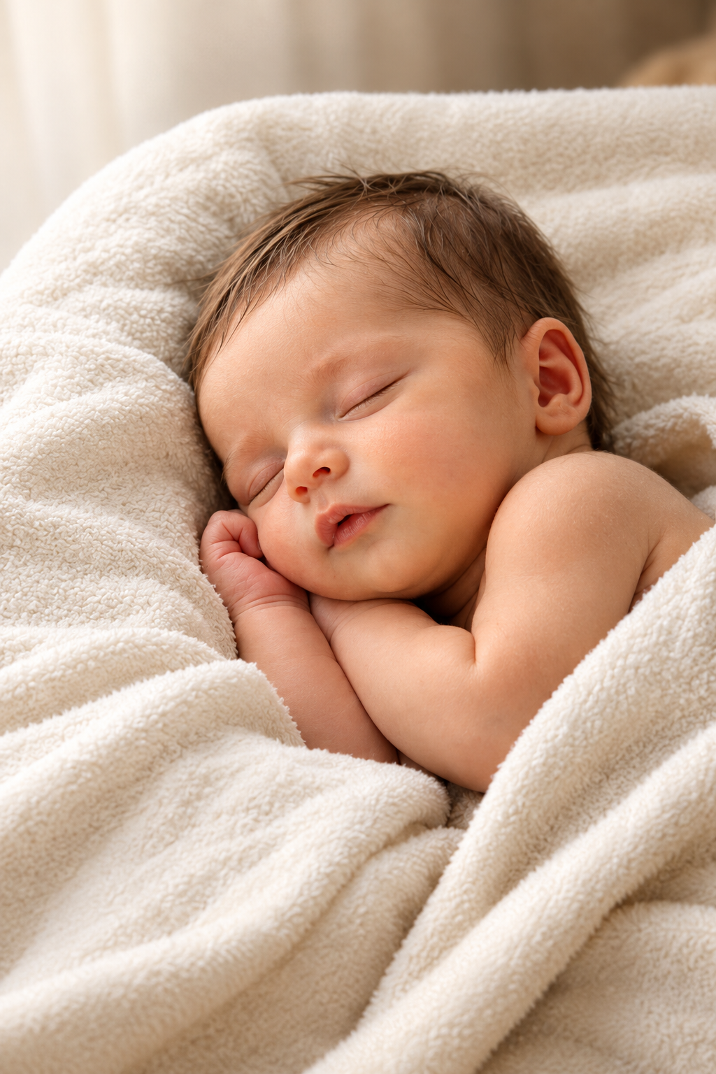A sleeping baby nestled in a soft, cream-colored blanket with their hands near their face.