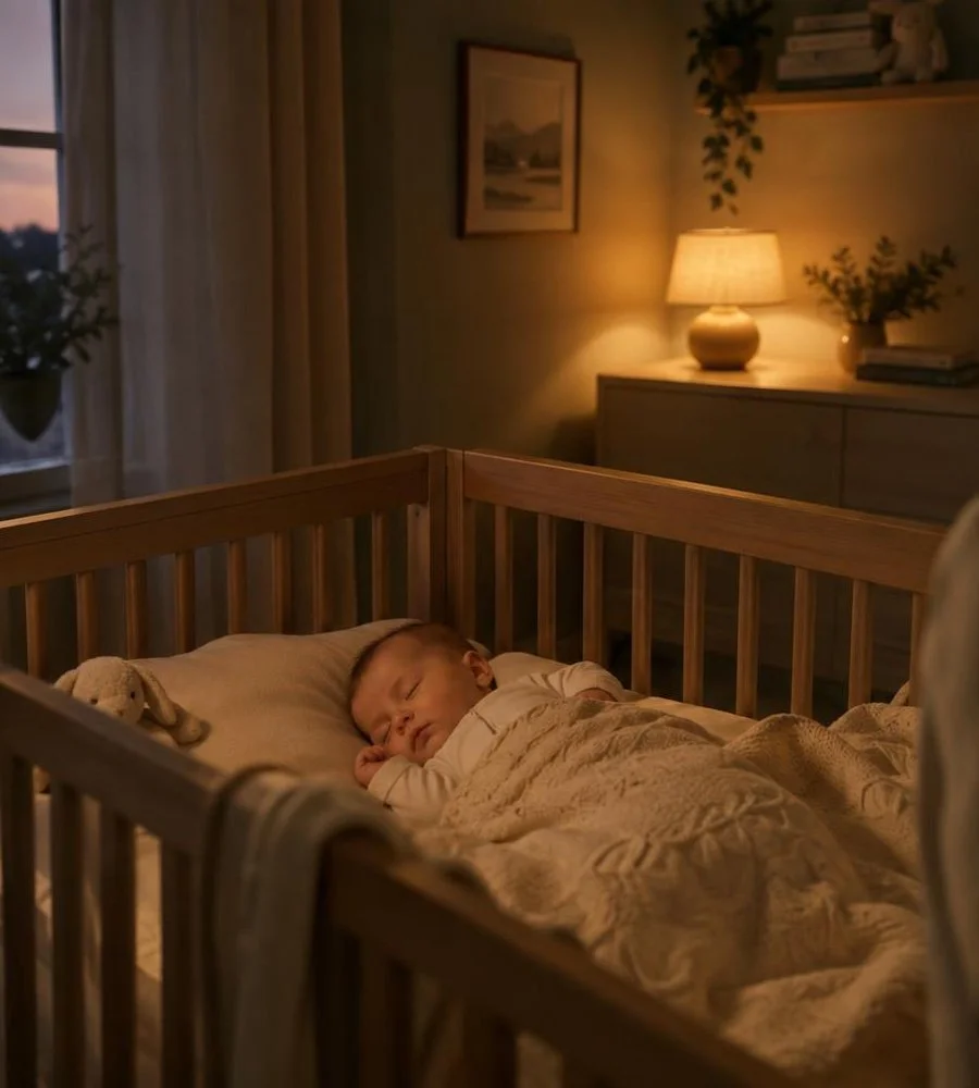 A sleeping baby in a wooden crib in a cozy, softly lit bedroom at night.