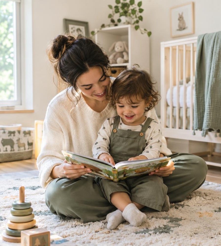 A woman and a young child sitting on a rug in a nursery, reading a picture book together. The room has a crib, framed pictures, and a bookshelf with stuffed animals, with natural light coming through a window.