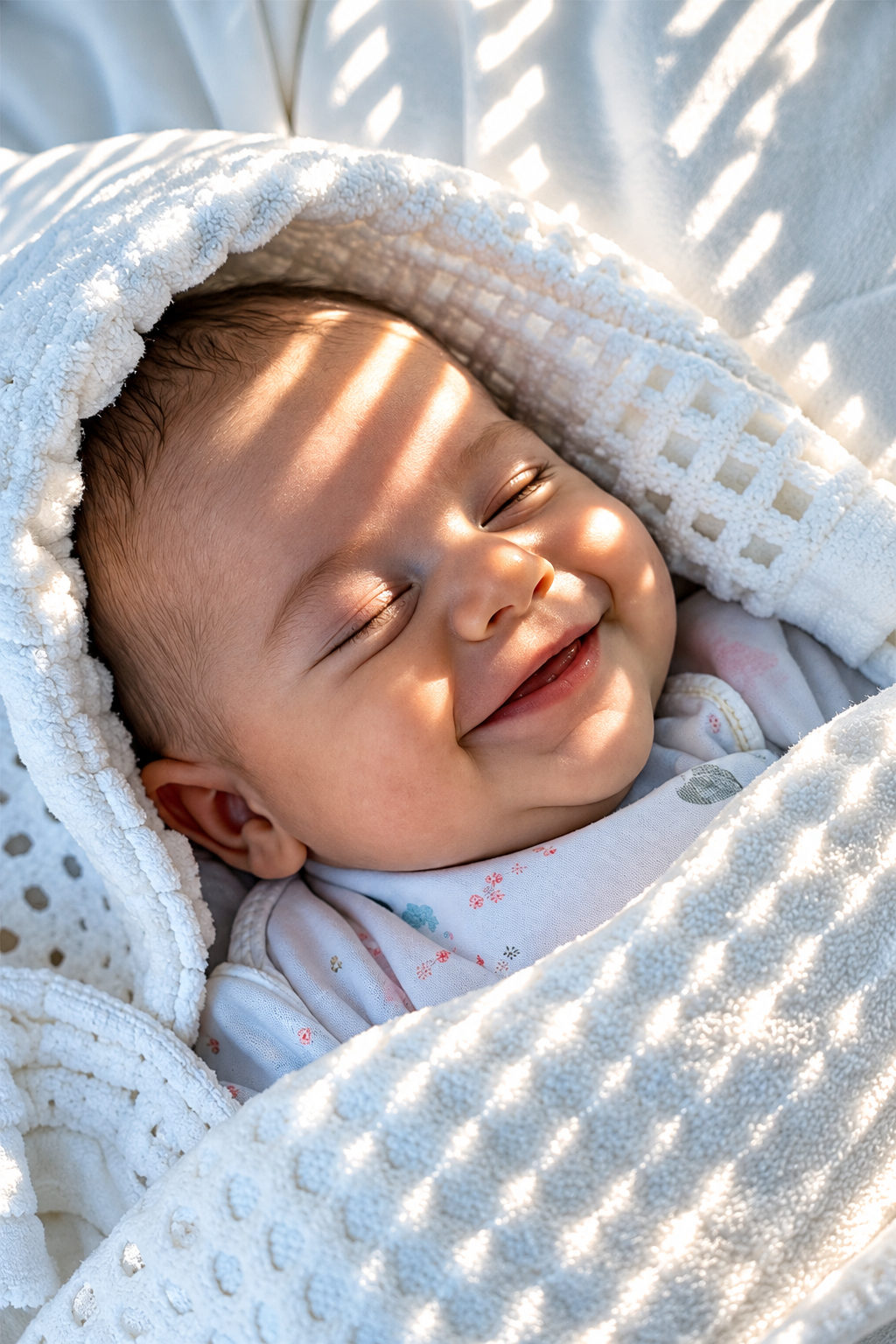 A smiling baby wrapped in a cozy white blanket with sunlight creating shadows on the face.