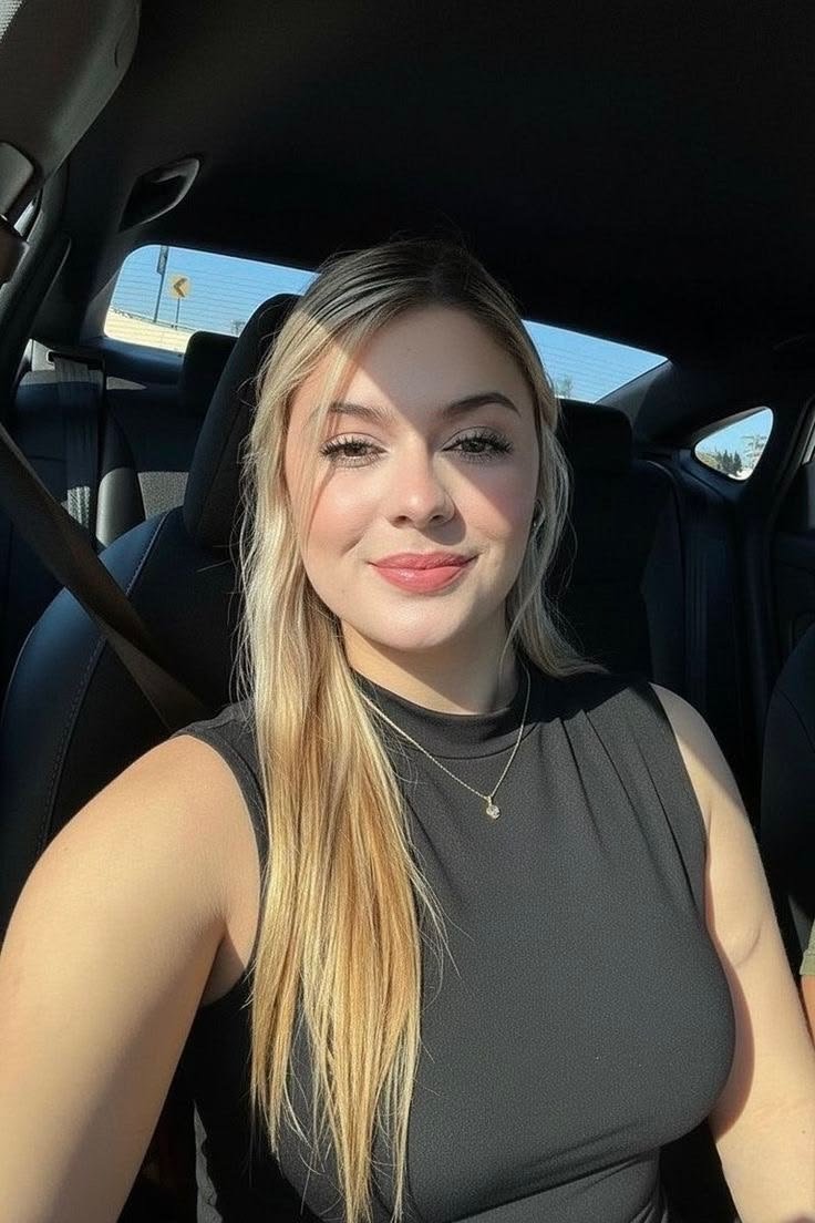 A young woman with long blonde hair sitting in a car, taking a selfie. She is wearing a sleeveless black top and small necklaces, with sunlight illuminating her face.