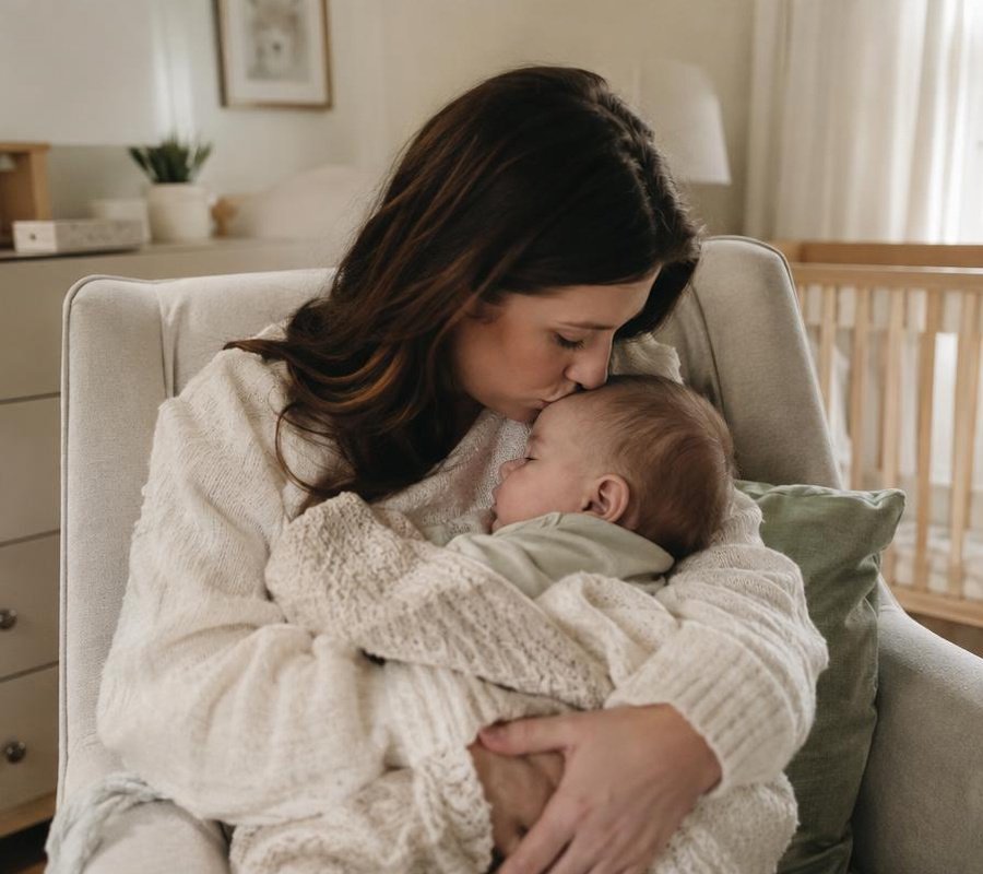 A woman with dark hair is sitting in a chair, holding and kissing a sleeping baby wrapped in a cozy blanket.