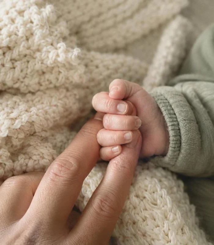 An adult's finger holding a baby's hand, both resting on a cream-colored knitted blanket.