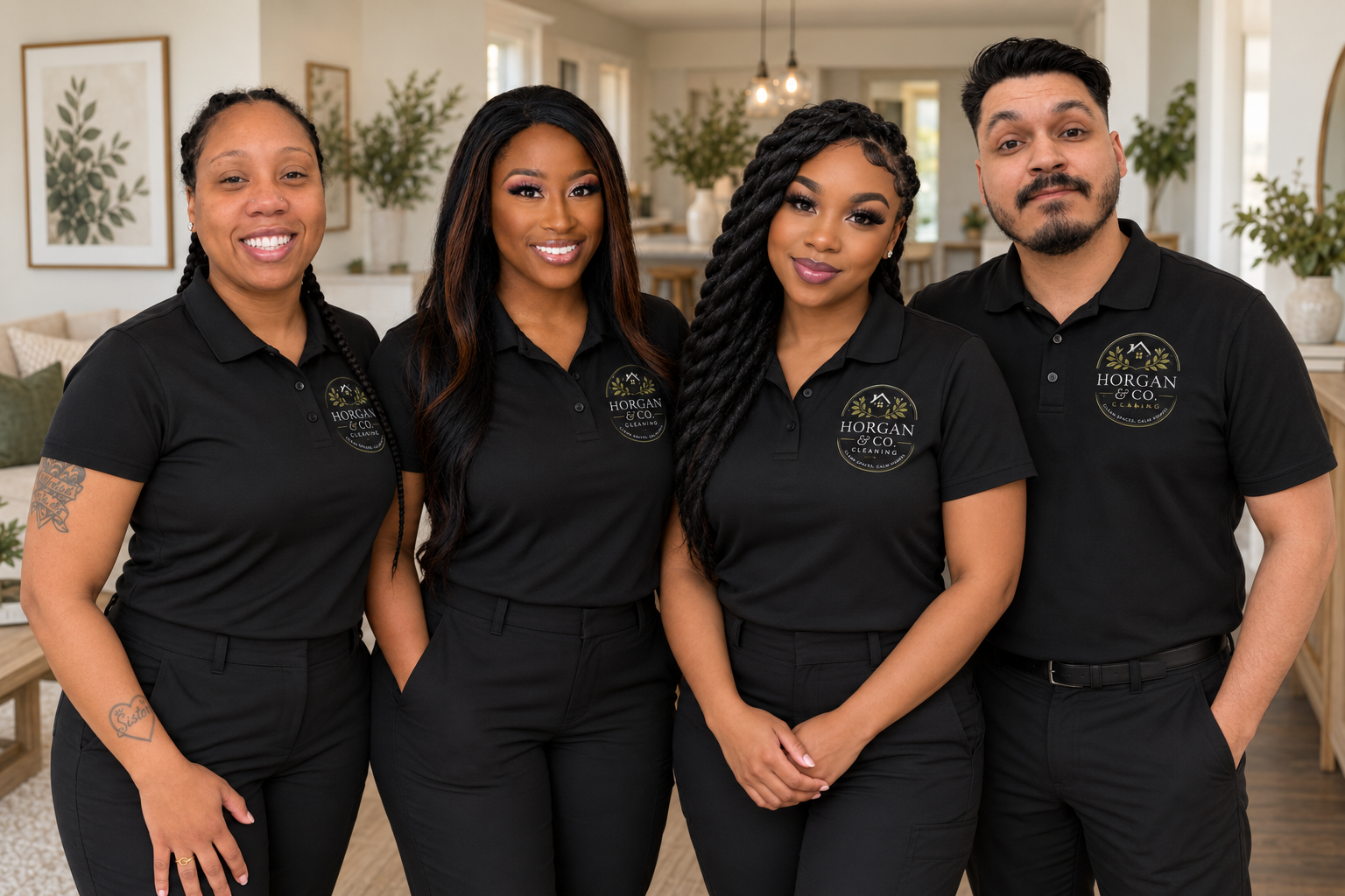 Four staff members in black uniforms standing indoors, smiling at the camera. The uniforms have a logo for Horgan & Co. Cleaning. The background features home decor with framed pictures and plants.