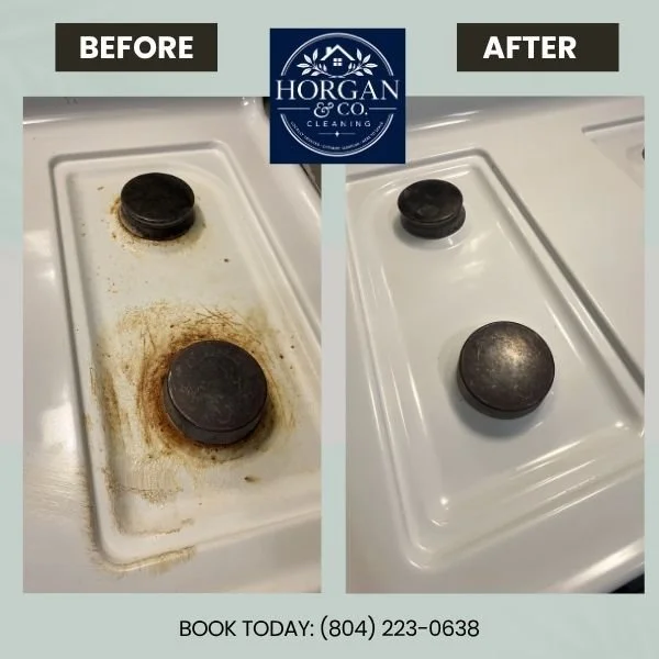 Before and after professional house cleaning of an oven top by Horgan & Company Cleaning in Richmond, VA, providing detailed residential cleaning services throughout the Richmond area.