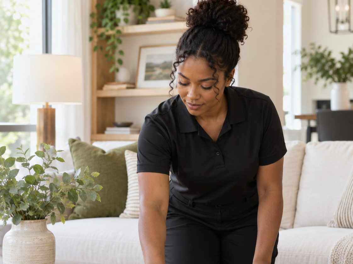 A woman with curly hair in a bun wearing a black polo shirt, arranging or tidying up a living room with a white couch, leafy potted plant, and bookshelf in the background.