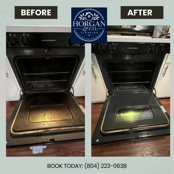 Before and after professional house cleaning of  the oven. This cleaning was done by Horgan & Company Cleaning in Richmond, VA, providing detailed residential cleaning services throughout the Richmond area.