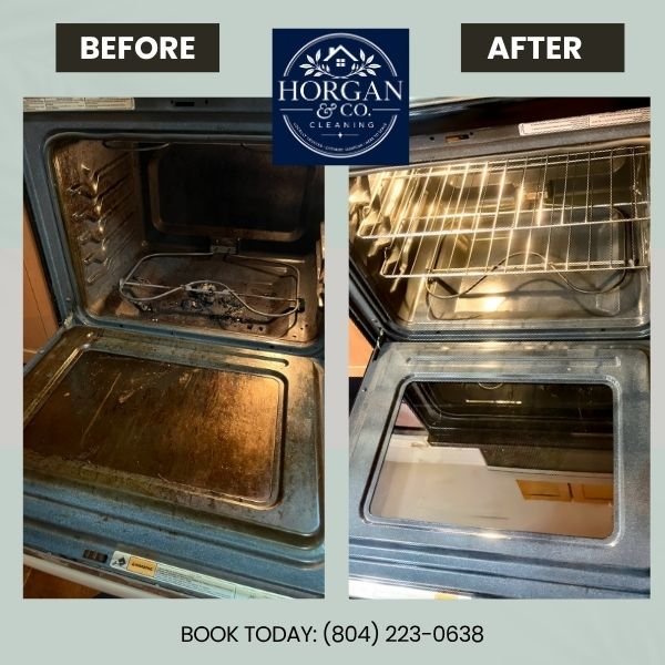 Before and after professional house cleaning of an oven by Horgan & Company Cleaning in Richmond, VA, providing detailed residential cleaning services throughout the Richmond area.