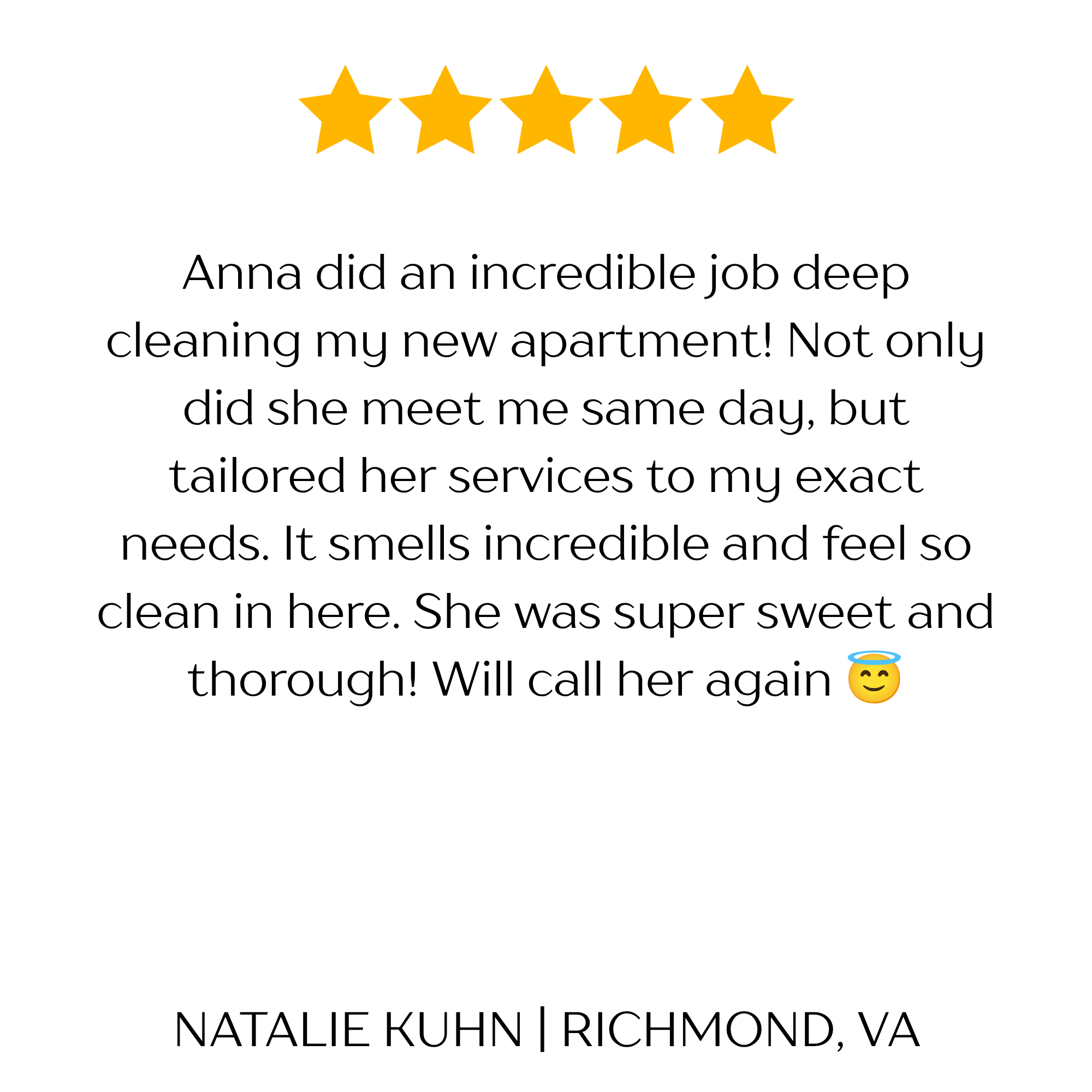 Five gold stars indicating a 5-star Google review. This review says Horgan and Company Cleaning is doing an incredible job cleaning a new apartment. The client is highly satisfied with the cleaning service