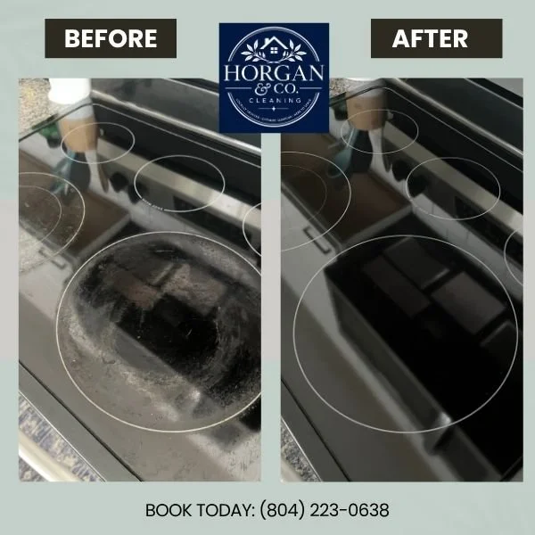 Before and after professional house cleaning of a stovetop by Horgan & Company Cleaning in Richmond, VA, providing detailed residential cleaning services throughout the Richmond area.