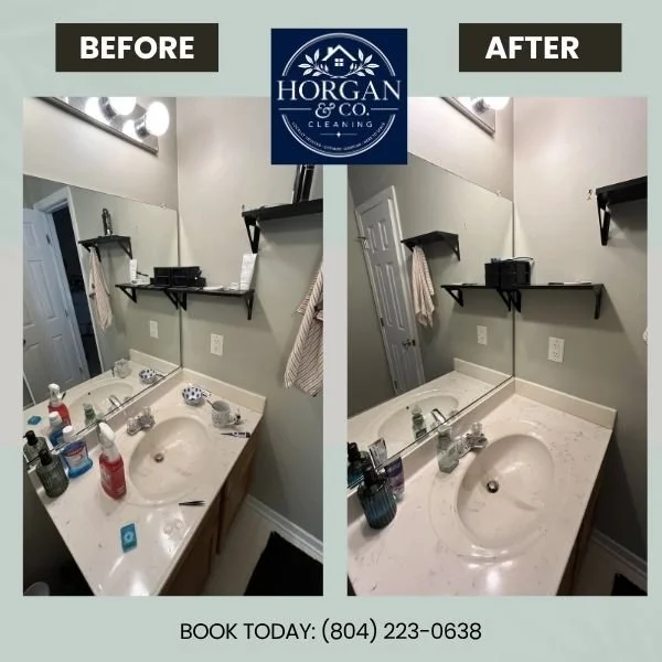 Before and after professional house cleaning of a bathroom vanity by Horgan & Company Cleaning in Richmond, VA, providing detailed residential cleaning services throughout the Richmond area.