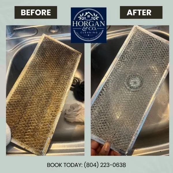 Before and after professional house cleaning of an oven vent grate by Horgan & Company Cleaning in Richmond, VA, providing detailed residential cleaning services throughout the Richmond area.