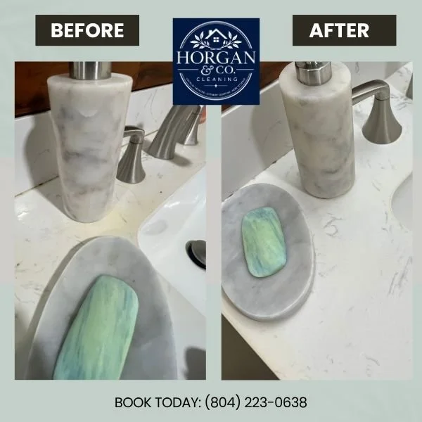Before and after professional house cleaning of a bathroom sink by Horgan & Company Cleaning in Richmond, VA, providing detailed residential cleaning services throughout the Richmond area.