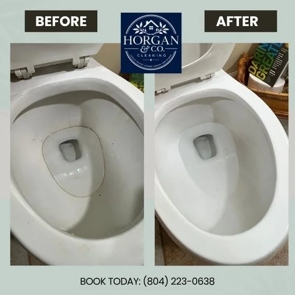 Before and after professional house cleaning of a toilet by Horgan & Company Cleaning in Richmond, VA, providing detailed residential cleaning services throughout the Richmond area.
