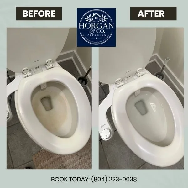 Before and after professional house cleaning of a toilet by Horgan & Company Cleaning in Richmond, VA, providing detailed residential cleaning services throughout the Richmond area.
