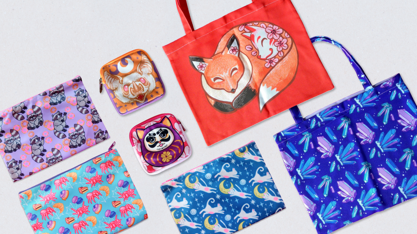 Pencil/Earbud Pouches and Tote Bags feat. original illustrations