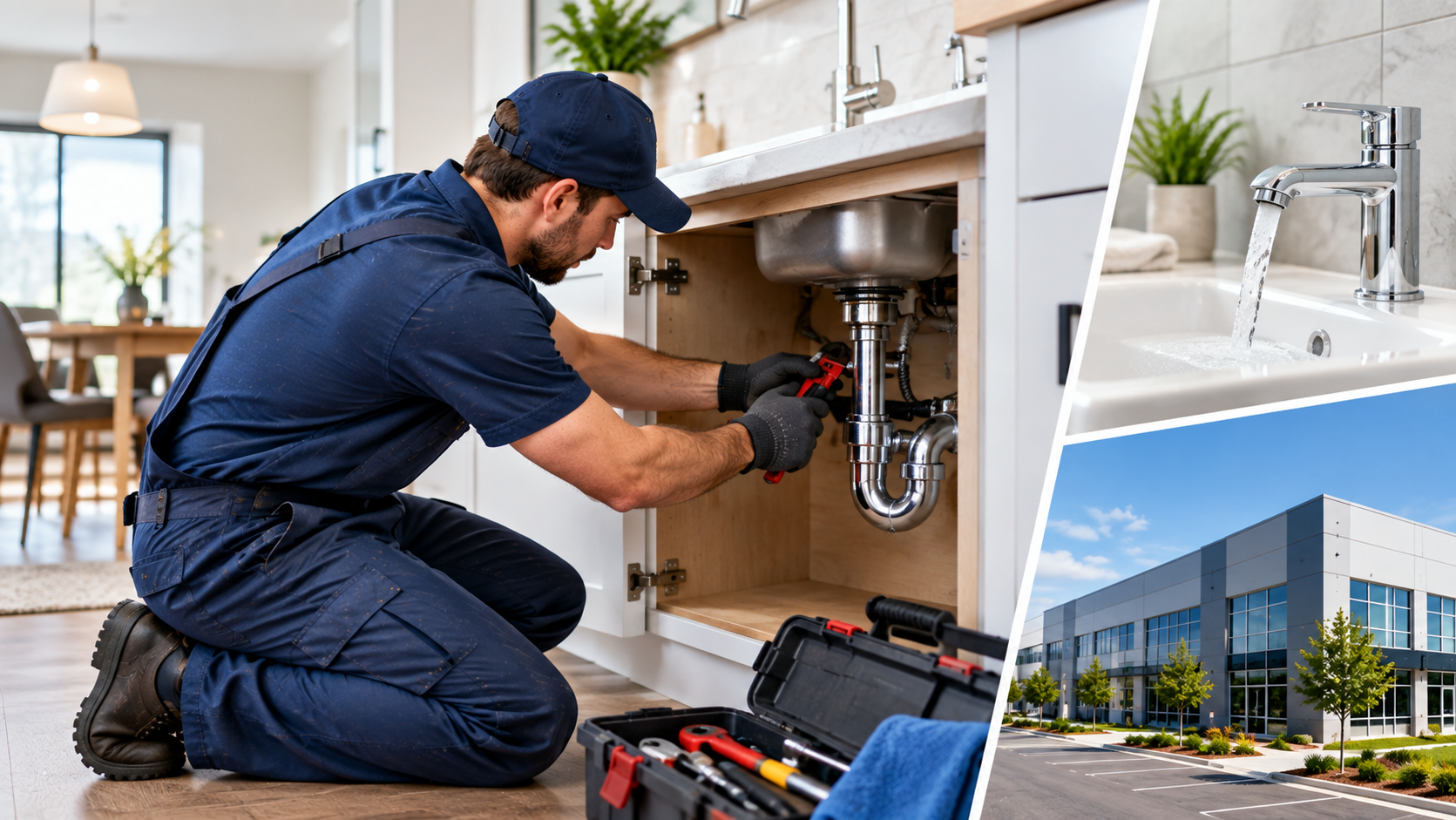 A handyman repairing under a kitchen sink, with plumbing tools nearby, a kitchen with a dining area in the background; a close-up of a modern kitchen sink with running water and a potted plant; and the exterior of a contemporary office building with parking and trees.