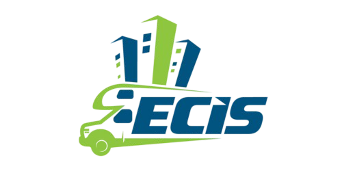Logo for ECIS, featuring a stylized green and blue car and bold text.