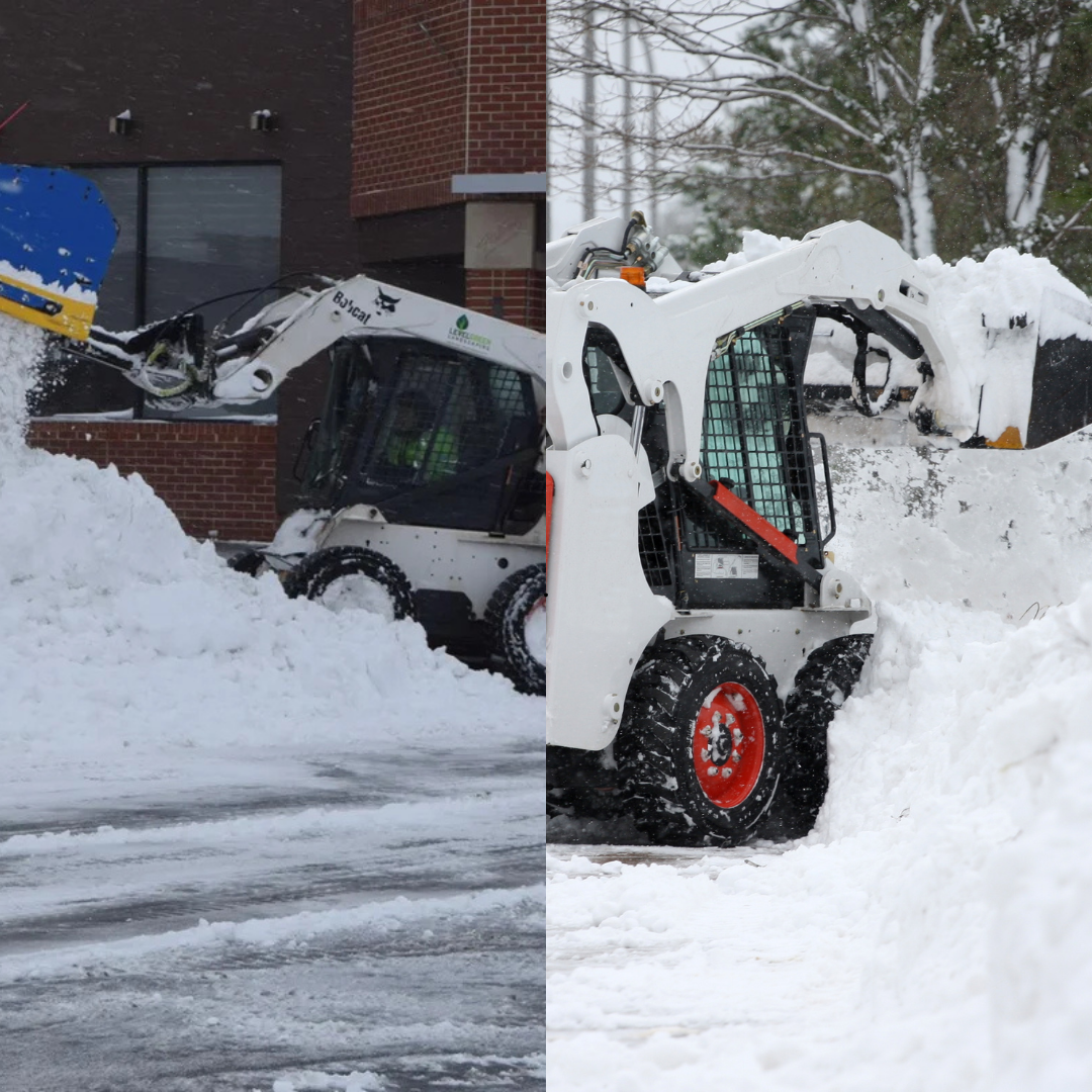 Split image showing a skid-steer loader clearing snow from a driveway and a snowplow pushing snow on a street during winter.