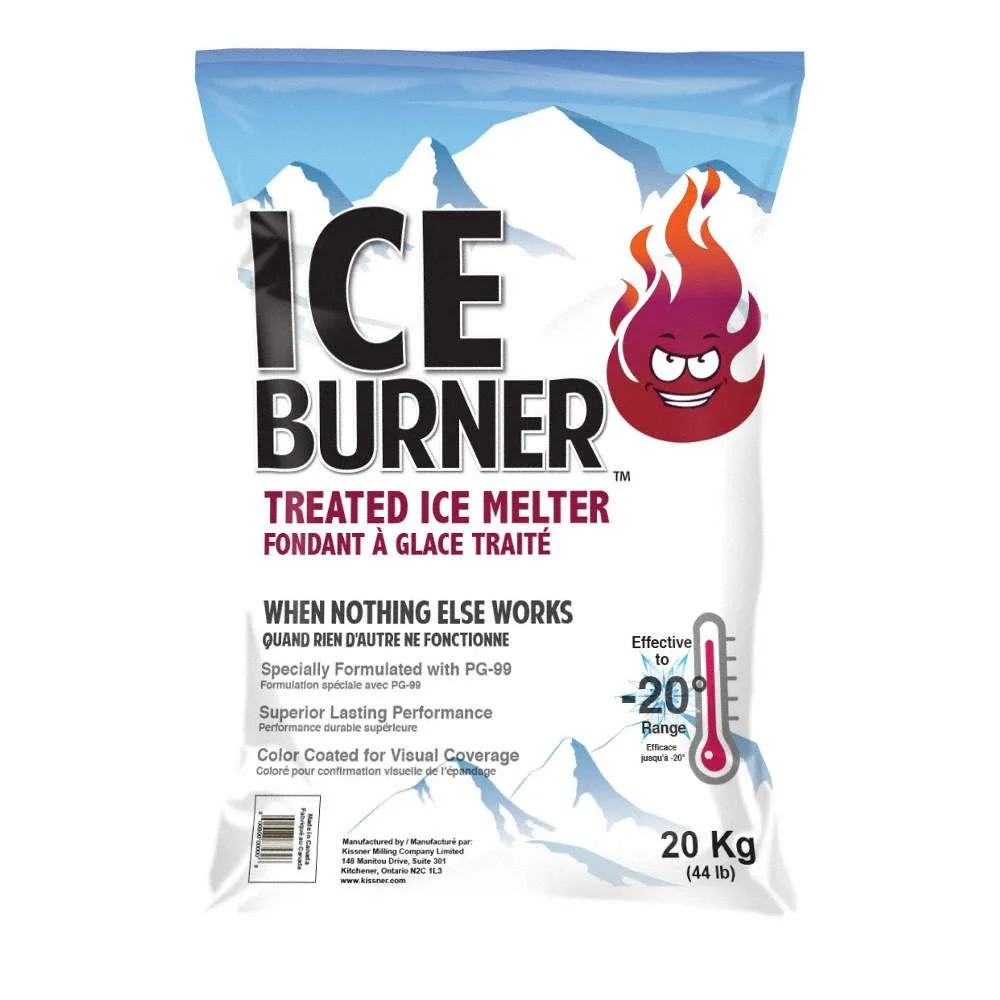 A 20 kg bag of ice melter labeled 'Ice Burner' with a mountain background and a smiling, animated flame character.
