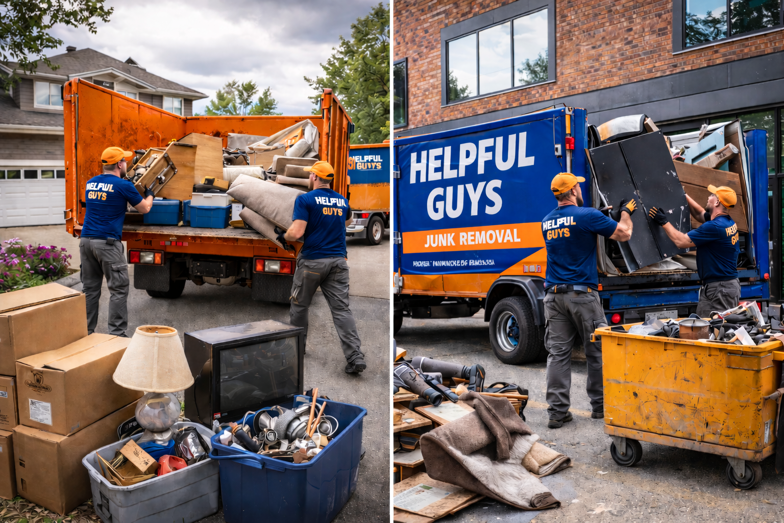 Two trucks labeled 'Helpful Guys Junk Removal' are being loaded with old furniture, lamps, boxes, and miscellaneous household items in a residential area. Two workers wearing matching blue shirts and orange caps are actively loading the trucks with debris.