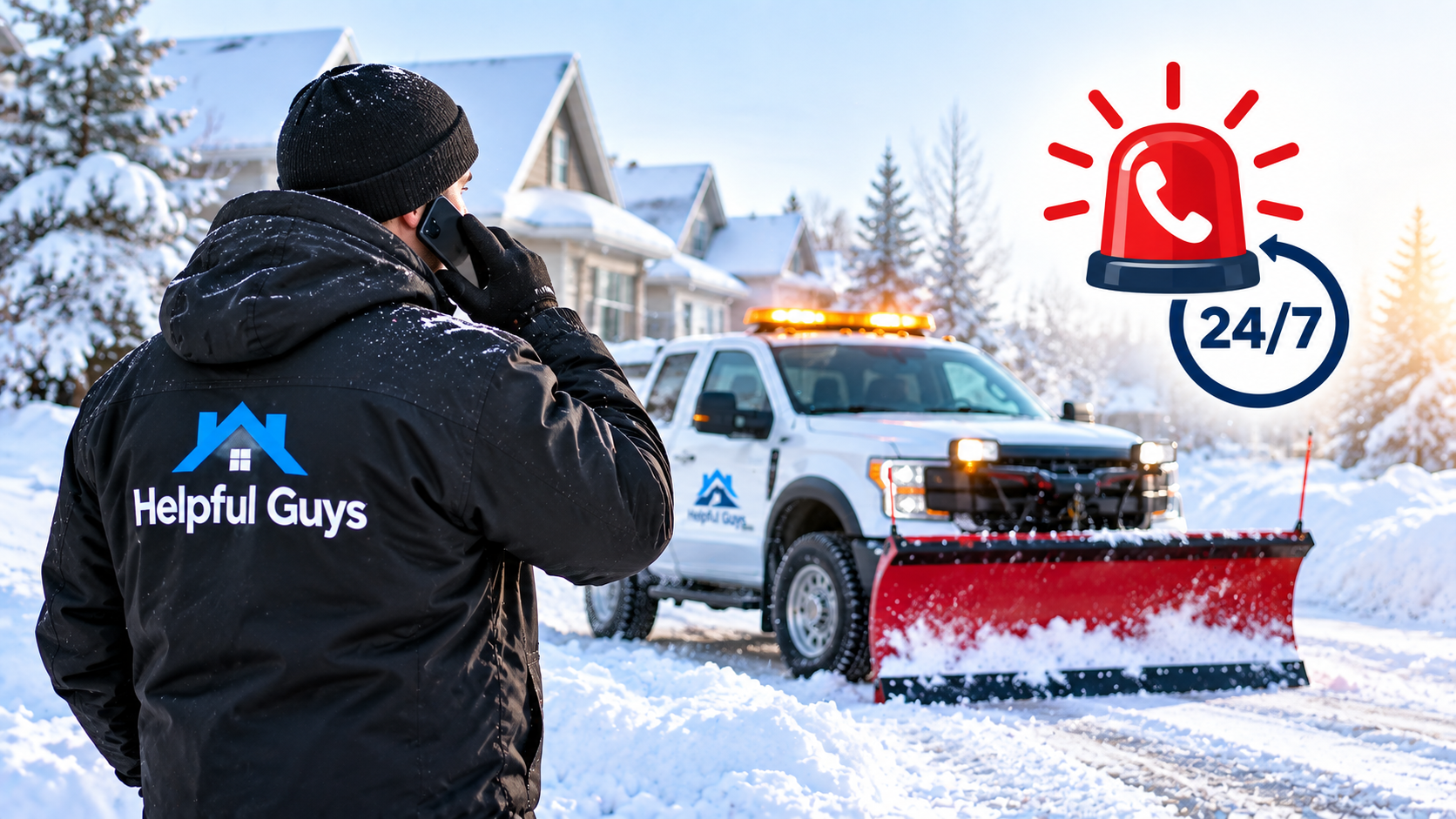 Helpful Guys worker calling for 24/7 snow removal service beside a plow truck in a snowy neighborhood
