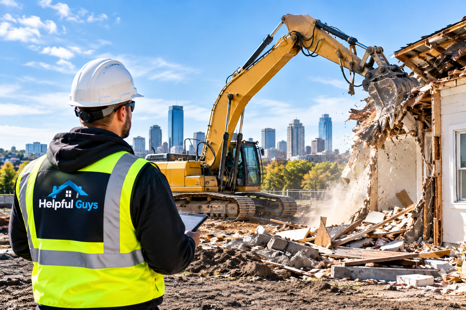 Construction worker in a high-visibility vest watches an excavator demolish a house with a city skyline in the background.