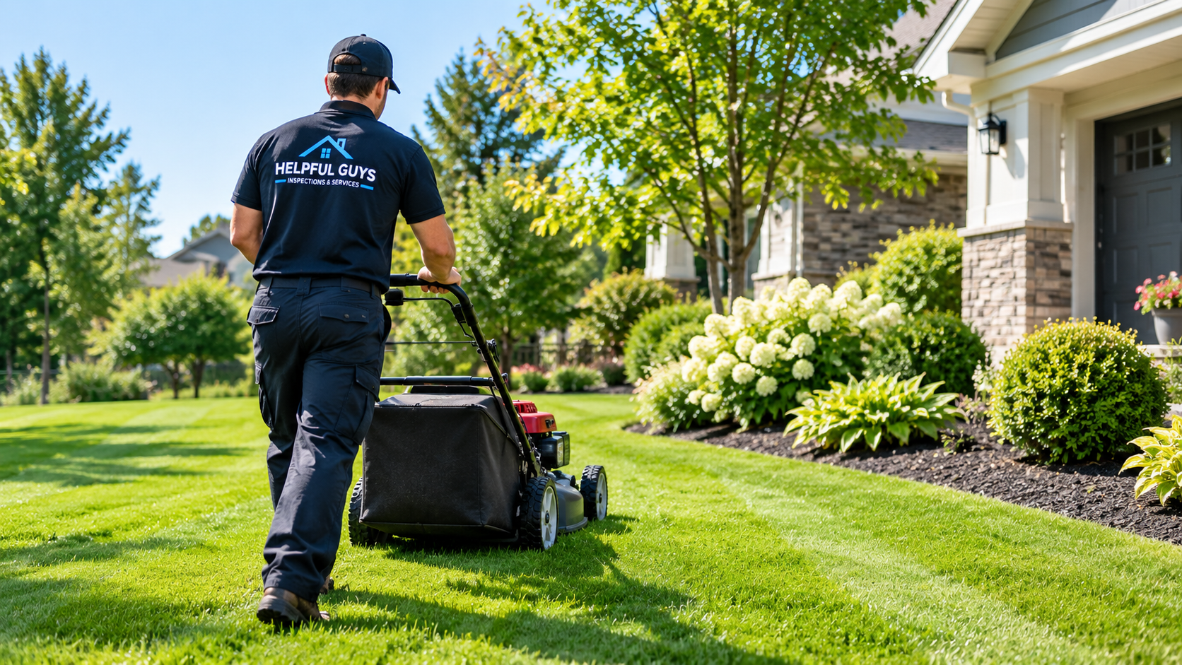 Worker mowing a lawn using a riding mower on a sunny day.
