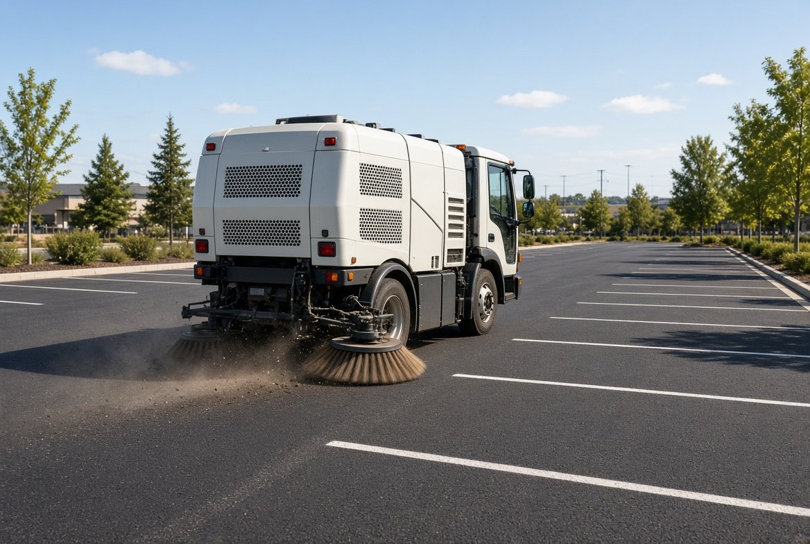A street sweeper cleaning an empty parking lot on a sunny day with a clear blue sky.
