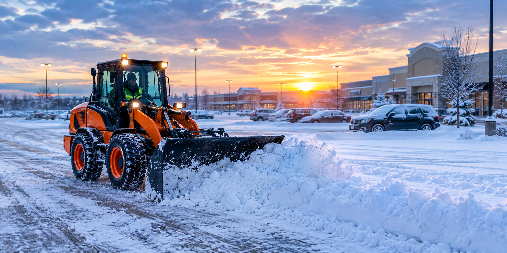 Orange front-end loader clearing snow in a shopping center parking lot at sunset