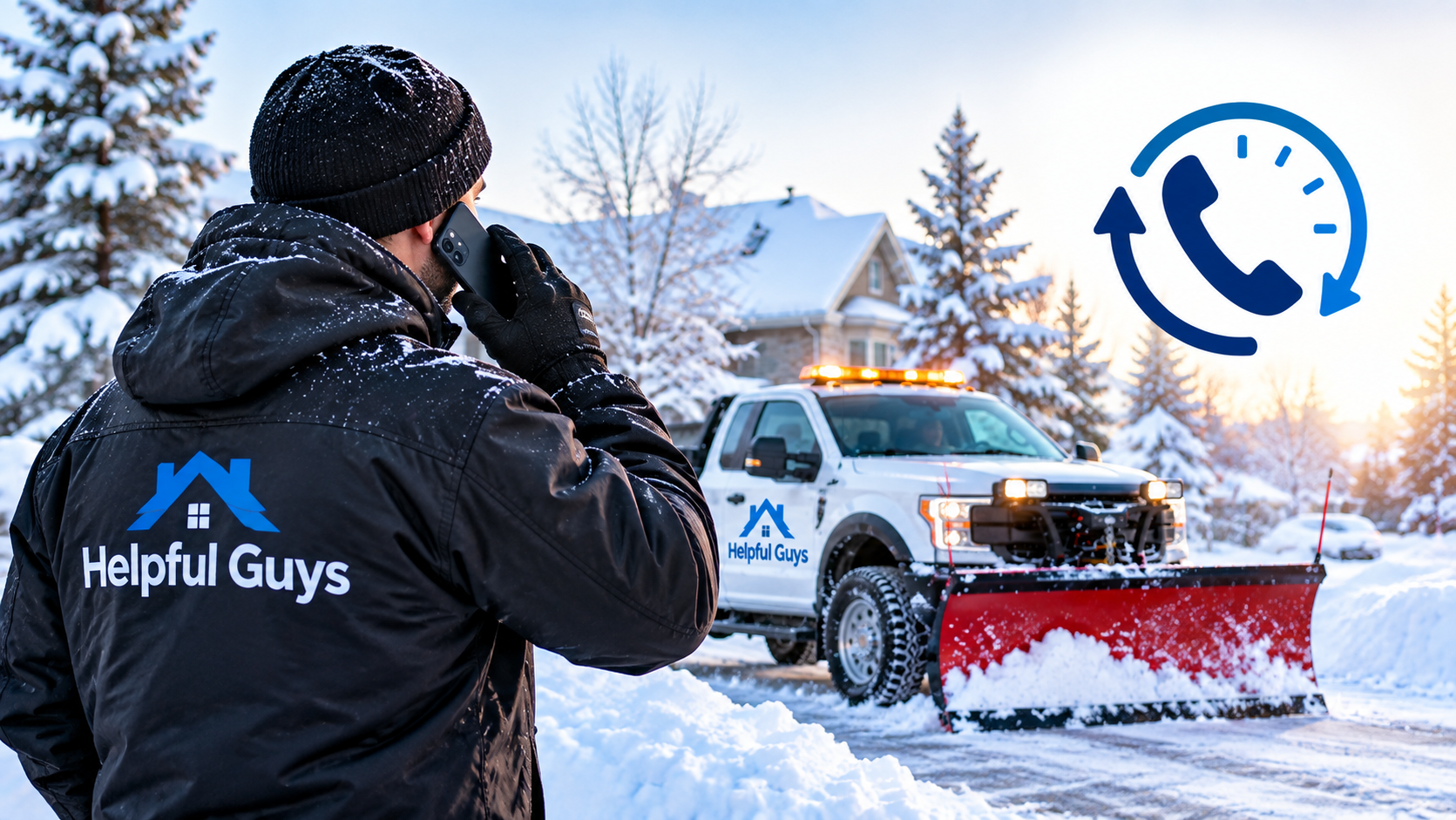 Snow removal worker calling beside a Helpful Guys pickup truck with a front plow in a snowy residential neighborhood
