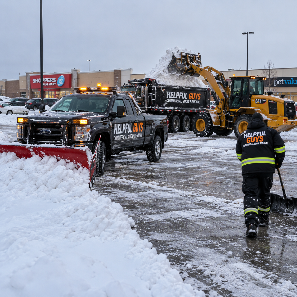 Snow removal crew clearing snow from a parking lot with snowplow, dump truck, and a worker shoveling snow near a shopping center.