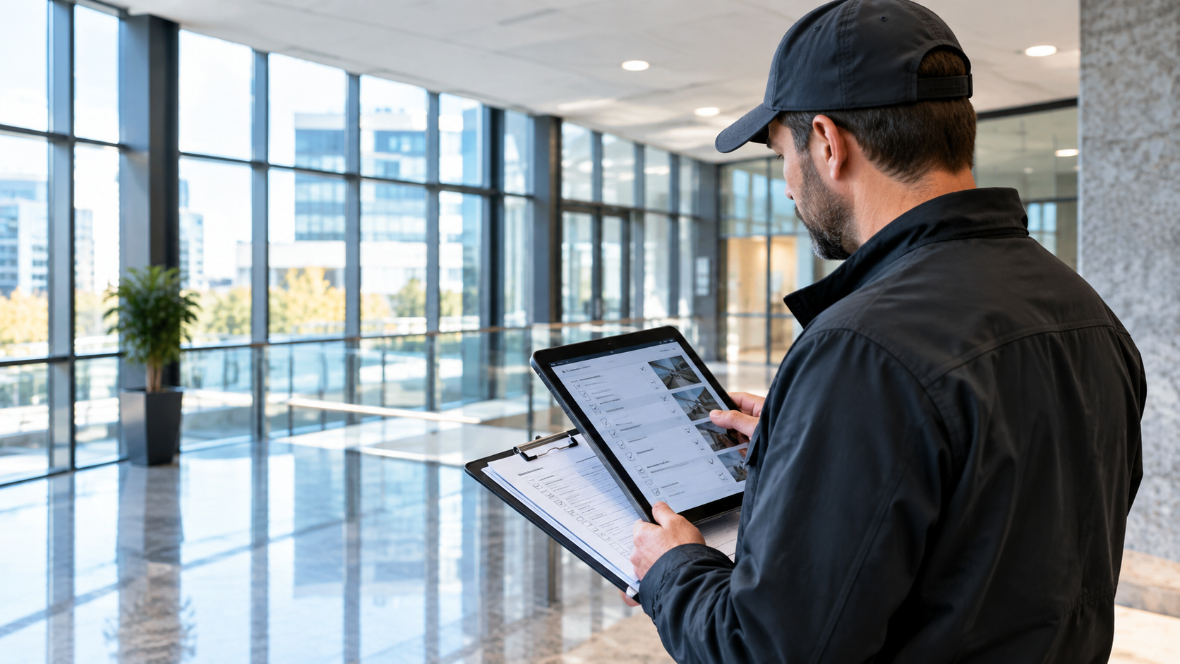 A man in a black jacket and cap is holding a clipboard and tablet, looking at work orders inside a modern building with large glass windows and city view.