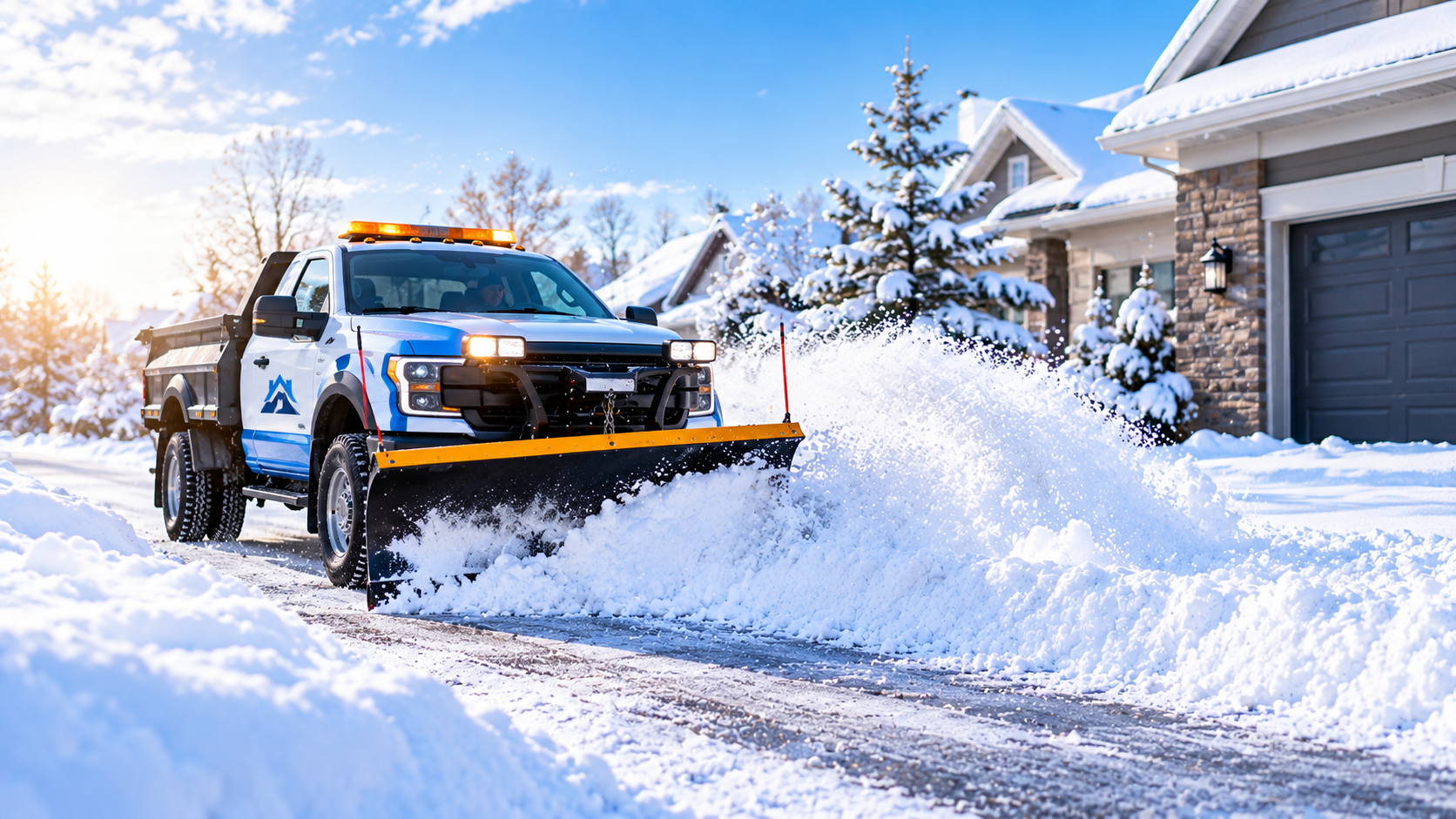 Snowplow truck clearing a snow-covered residential driveway in winter