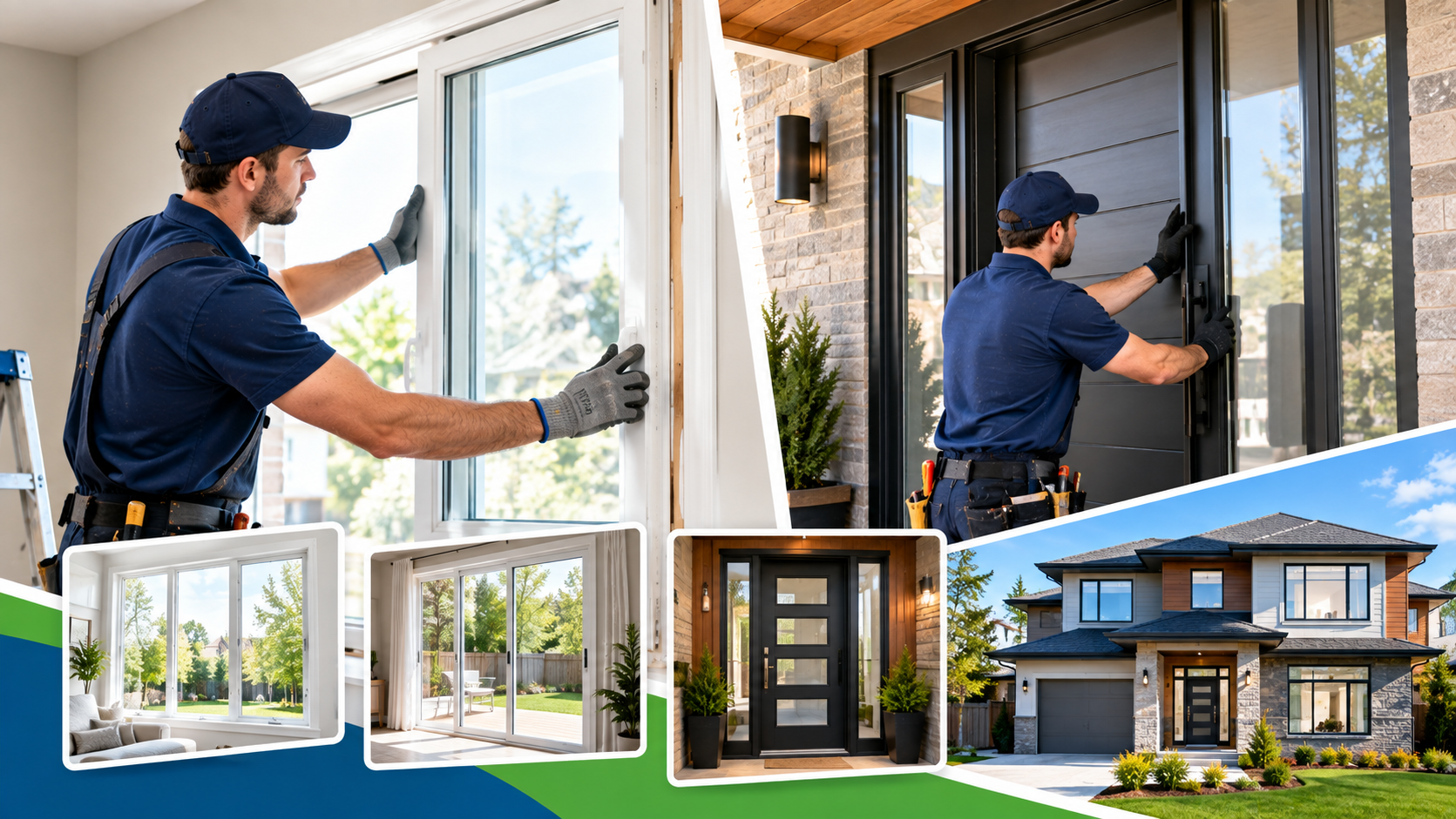 Two workers installing windows and a door on a modern house exterior with the front yard visible.