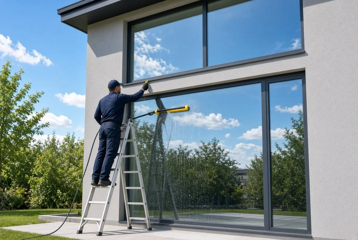 A man cleaning large glass windows of a modern house using a long-handled scrubber while standing on a ladder outside on a sunny day.