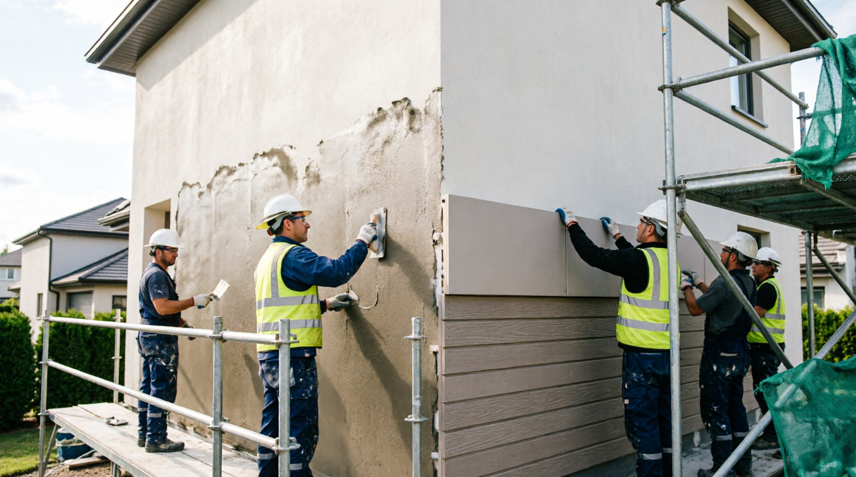 Construction workers in safety gear and vests installing exterior siding on a house.
