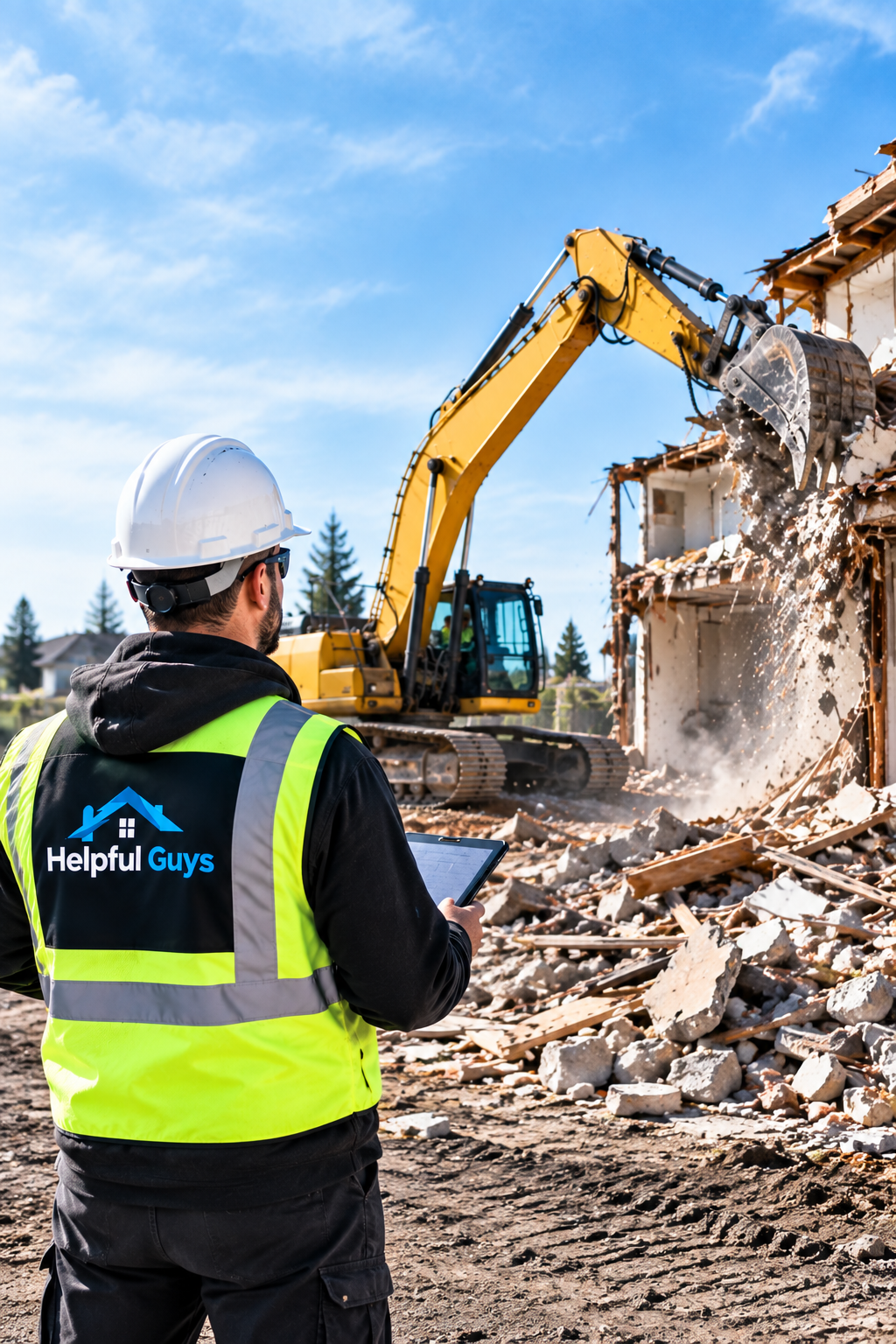 Construction worker in a high-visibility vest observes an excavator demolishing a building.